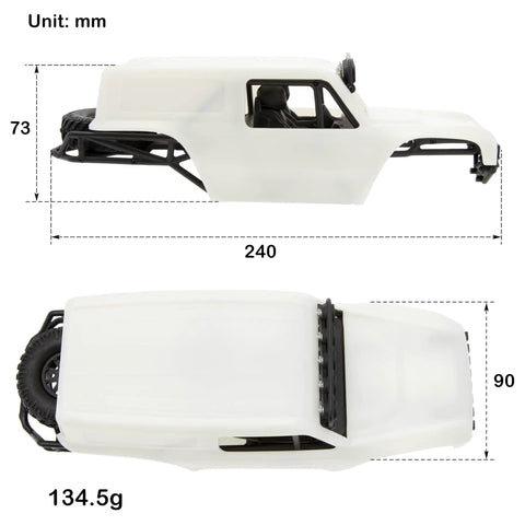 Side and top view of TRX4M Defender Bronco K10 F150 High Trail 1/18 RC Crawler Body And Chassis Kit White ABS Nylon Upgrade dimensions in mm