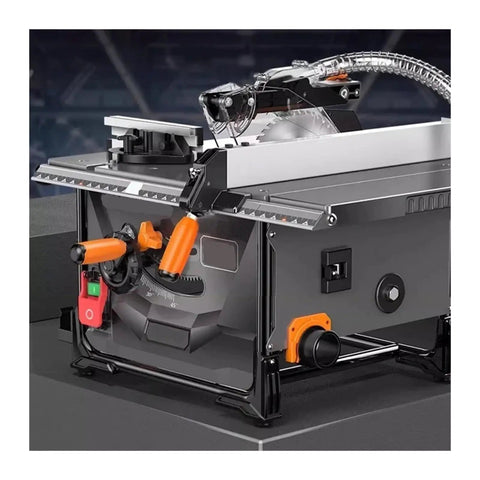 Dust Free Sliding Table Saw Station With A Knockout 2000W Motor That Blows Through Lumber Fast And Delivers Slick Grinding For Zero Hassle Woodworking Sessions, detailed view showing controls and blade.