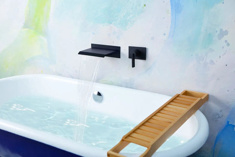 High Flow Wall Mount Tub Filler With Single Lever And Large Waterfall Spout Includes Pressure Balance Rough In Valve Matte Black Finish CUPC Certified Up Down Or Left Right Mounting For A Go To Bath Upgrade