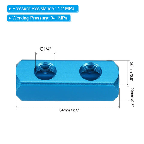 Blue aluminum Two Way Five Port Aluminum Air Manifold Inline Block Splitter Kit with G1/4 inch threads and dimensions