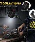 Heavy Duty Articulated Led Machine Work Light Hella Bright 2160 Lumens 18W Dimmable Swing Arm positioned above a workbench.