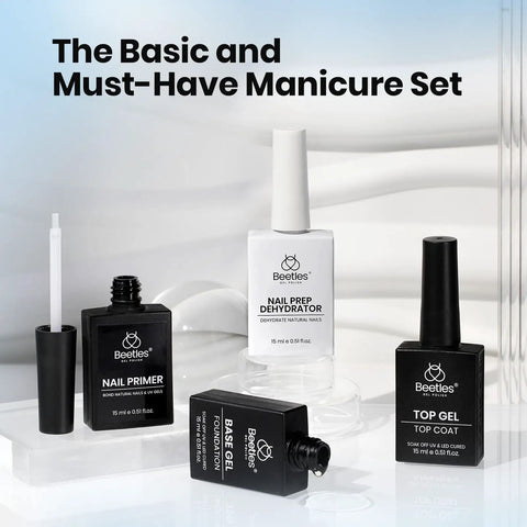 Gel Top Coat And Base Coat Set With Nail Dehydrator And Primer For Gel Polish And Acrylic Nails Pro Grade Nail Bond Acid Free And Hema Free Long Lasting Professional Manicure Prep Kit displayed with bottles on reflective surface.