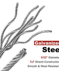 Close-up of galvanised steel wire rope featuring 7x7 strands for the 55Ft Batting Cage Cable Kit For Heavy Duty Baseball And Softball Nets