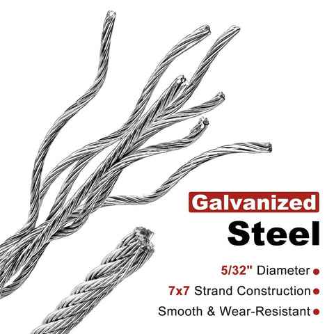 Close-up of galvanised steel wire rope featuring 7x7 strands for the 55Ft Batting Cage Cable Kit For Heavy Duty Baseball And Softball Nets