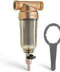 Spin Down Sediment Filter For Whole House, Flushable Prefilter, 50 Micron, Lead-Free Brass, 1 MNPT plus 3/4 FNPT with wrench