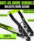 Close-up of Top Shelf Ratchet Tie Down Straps With Flat Hooks 2 Inch By 15 Feet 10000 Pound Breaking Strength showing ergonomic handle and webbing.