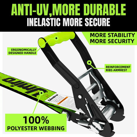 Close-up of Top Shelf Ratchet Tie Down Straps With Flat Hooks 2 Inch By 15 Feet 10000 Pound Breaking Strength showing ergonomic handle and webbing.