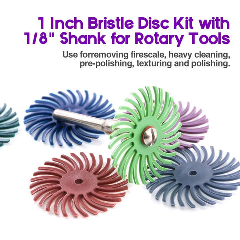 Swpeet 66-piece 1-inch bristle disc kit with 1/8 shank for rotary tools; mixed 80/120/220/400/600/1000 grit discs