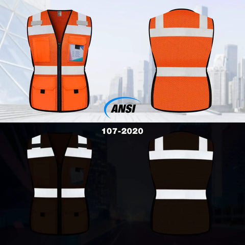 Womens Slim Fit Reflective Safety Vest With 11 Spacious Pockets Breathable Mesh High Vis Orange Work Gear Built Hella Comfy For Hectic Job Sites Flexible Waistband For Smooth Movement And Solid All Day Visibility shown from front and back angles.