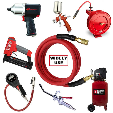 Hybrid Lead In Air Hose Workhorse Quarter Inch By Ten Feet 300 PSI with tools and equipment for workshop use