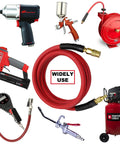 Rock Solid Hybrid Lead In Air Hose 1/4 Inch By 6 Feet 300 Psi Heavy Duty Kink Proof All Weather Flex With Industrial Quick Connects Built Different For Mechanics And Shops Red alongside various air tools.