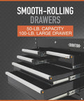 Open drawers of 30-Inch 5-Drawer Mechanic's Tool Cart With Rolling Workstation and Built-In Toolbox, showing smooth-rolling mechanism.