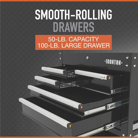 Open drawers of 30-Inch 5-Drawer Mechanic's Tool Cart With Rolling Workstation and Built-In Toolbox, showing smooth-rolling mechanism.