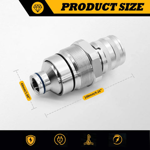 48 mm Thread Hydraulic Flat Face Quick Coupler Kit For Excavators And Skid Steer Loaders Universal Fit Direct Replacement 7246802 7246799 Tough As Nails Heavy Duty showing product measurements