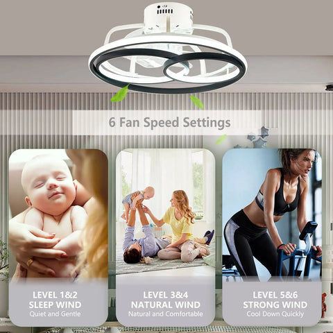 Flush Mount Ceiling Fan With Lights 19.69 Inch, 55W Low Profile LED Ceiling Fan With Remote, showing 6-speed settings in use.