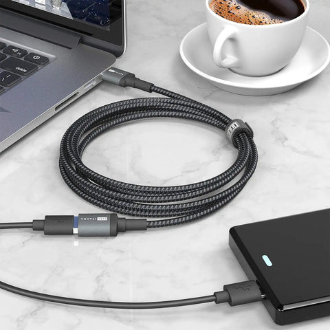 Ultra Long 10FT USB 3.0 Extension Cable Type A Male To Female for charging on a desk with a laptop and power bank.