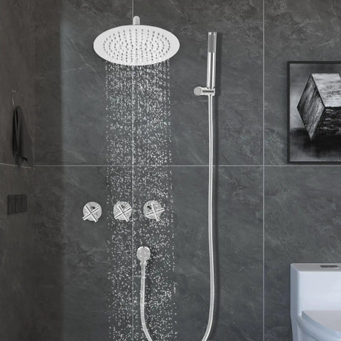 Wall Mounted Shower System 10 Inch Rainfall Shower with Handheld Spray, chrome finishes, modern shower design.