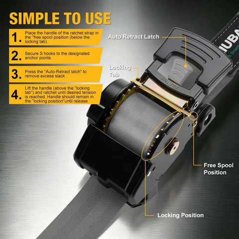Heavy Duty Self Retracting Tie Down Straps Two Pack Two Inch By Ten Feet Four Thousand Four Hundred Pound Break Strength Auto Retractor Harness For Motorcycle Atv Utv Pickup Truck Cargo Van Grey Tough As Nails Gear, showing auto retract latch and locking tab.