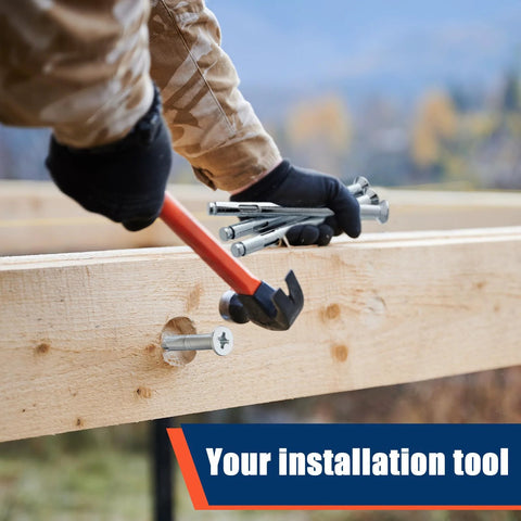 Flat Head Cross Sleeve Anchor Bolts Three Eighths Inch By Six Inch For Concrete Masonry And Brick Galvanized Zinc Plated Expansion Anchors being installed in wood
