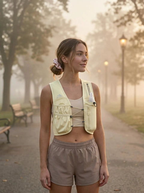 Woman wearing Running Hydration Vest for Women and Men with 500ml BPA Free Soft Flask, Adjustable Chest Straps in yellow