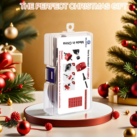 Nine Piece Hole Saw Set With Mandrel, Drill Rod, Hex Wrench, Spare Drill Bit, And Case for soft wood, PVC, and plywood, displayed in a gift setting with Christmas decor.