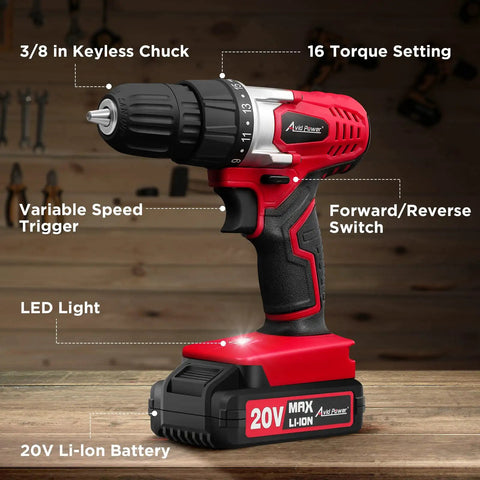 20V Cordless Drill Set for Home DIY and Beginner Projects, Lightweight Power Drill with Battery, Charger, 22 Bit Set, Variable Speed, 3/8 Inch Keyless Chuck, Perfect for Furniture Assembly and Quick Home Fixes