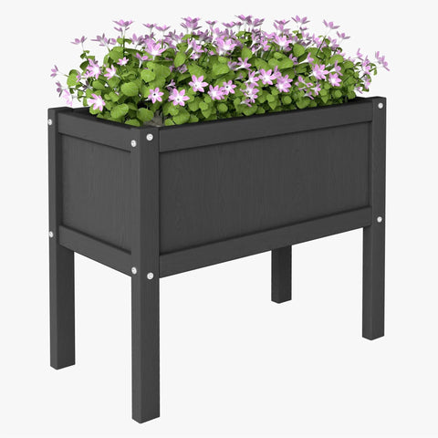 Raised Garden Bed With Drainage Hole Waterproof HDPE Elevated Planter Box With Legs Tough As Nails For Herbs Vegetables And Flowers Perfect For Patio Balcony Outdoors Or Indoors Black; side view with purple flowers.