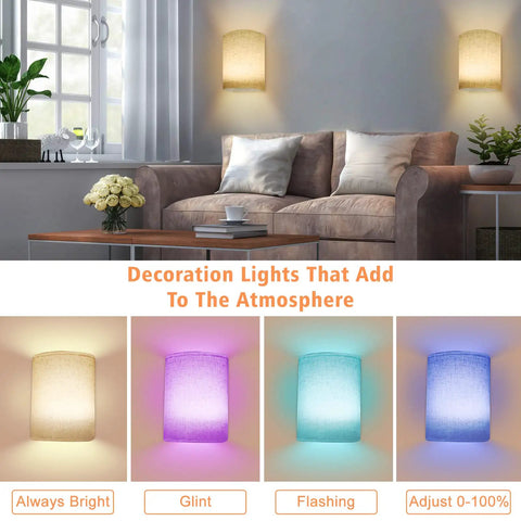 Wall Sconce With Fabric Shade 2 Pack Remote Control RGB LED Lighting Dimmable Lamps for bedroom ambiance