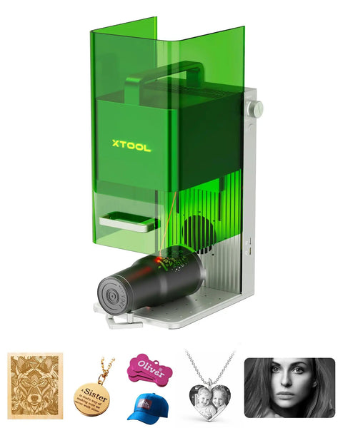 Dual Laser Engraver 2 In 1 Portable System displayed with examples of engraved jewelry, wood, leather, and metal items.