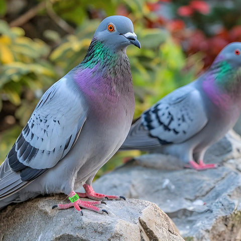 Pigeons on rocks wearing 100 Pcs 8mm Birds Leg Rings Set With 10 Colors And Readable Numbers 0 To 100 Easy Clip On Identification Bands