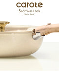 Close-up of 25 Piece Ceramic Cookware Set With Removable Handles showing seamless lock feature on a beige pot