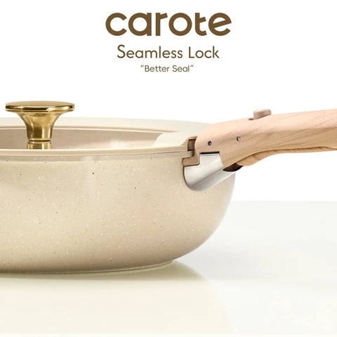 Close-up of 25 Piece Ceramic Cookware Set With Removable Handles showing seamless lock feature on a beige pot