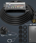 Heavy Duty 7 Way Trailer Cord Plug Connector With Clear Inspection Cover And 8 Foot Wiring Harness showing dimensions and components.