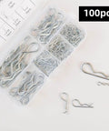 100 Pcs R Pins Hairpin Clips Set Carbon Steel Zinc Plated Heavy Duty Assortment Kit With 6 Sizes For Hitch Pin Lock System Retaining Pins And Trailer Fasteners in transparent storage box