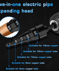 Five-in-one electric pipe expanding head from HVAC Copper Tube Expander Set For Pros And DIYers, 7 Piece Repair Kit