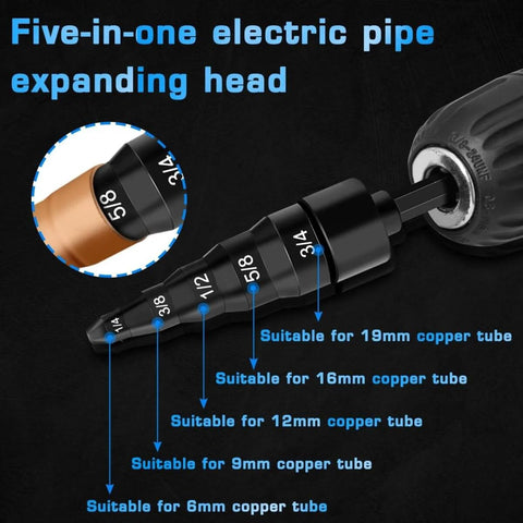 Five-in-one electric pipe expanding head from HVAC Copper Tube Expander Set For Pros And DIYers, 7 Piece Repair Kit