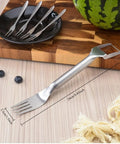 Two Pack Stainless Steel Watermelon Cutter Slicer Dual Head Kitchen Gadget with 2-In-1 Fork and Scoop displayed on table