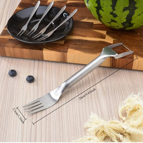 Two Pack Stainless Steel Watermelon Cutter Slicer Dual Head Kitchen Gadget with 2-In-1 Fork and Scoop displayed on table