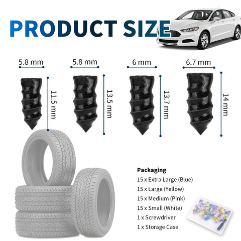Heavy Duty Tire Plug Kit With Screwdriver, 60 Pieces In Four Sizes For Quick Puncture Repair On Cars, Trucks, And SUVs