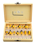 Router Bit Set Fifteen Piece One Quarter Inch Shank With Three Bearings For Woodworking DIY Kit displayed in wooden case