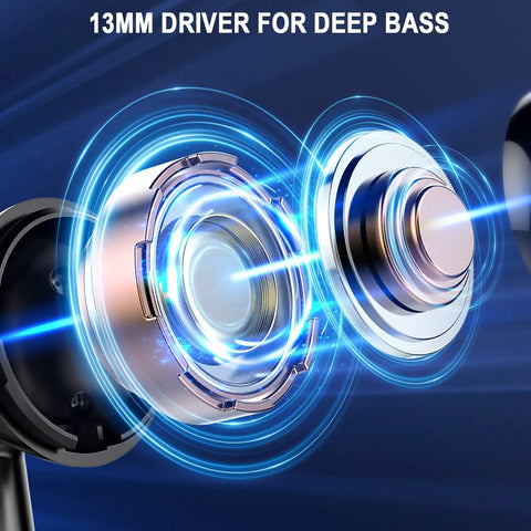 Close-up of 13mm dynamic driver of Wireless Earbuds With Bluetooth 5.4 And LED Power Display, showing rich bass capability.