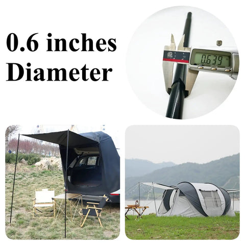 Adjustable Tent Poles Set Of Two For Tarp Canopy Camping Replacement In Black Beefy Steel Poles showing 0.6 inch diameter measurement