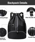 Drawstring Sports Gym Backpack With Wet Dry Separation, Shoes Compartment, water-resistant material, detail view of design and features