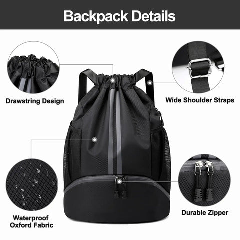 Drawstring Sports Gym Backpack With Wet Dry Separation, Shoes Compartment, water-resistant material, detail view of design and features