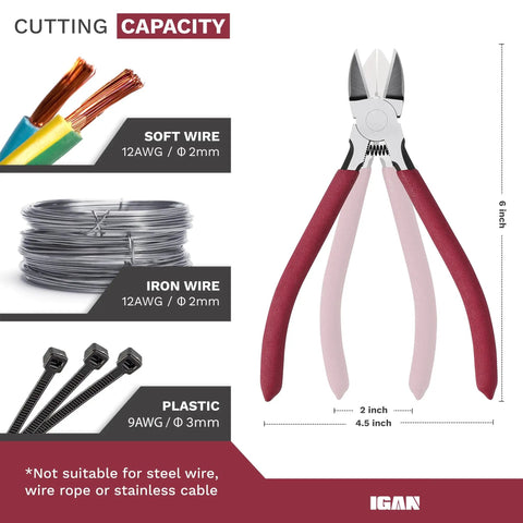 6 Inch Ultra Sharp Side Cutter Snips With Extra Long Flush Cutting Edge For Clean Flat Cuts, seen with cutting capacity details.