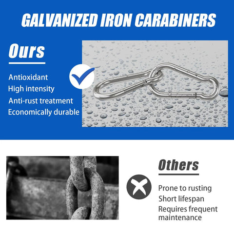Pair of small galvanized iron carabiner clips; 1.57-inch, silver, heavy-duty metal snap hooks