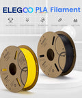 Yellow and black PLA filament spools from ELEGOO, showcasing smooth extrusion and bubble-free prints on white background.