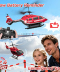 Rad Rescue RC Helicopter Toy in flight with LED lights, 2.4GHz control, showing low battery reminder and emergency stop feature