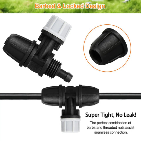 Upgraded Locked Micro Spray Irrigation Drippers 25 Pieces Kit With 3 Way Atomizing Nozzles For One Quarter Inch Tubing Barbed Emitters Misting Drippers For Drip Sprinkler Systems Gray showing barbed and locked design for leak-proof connection.