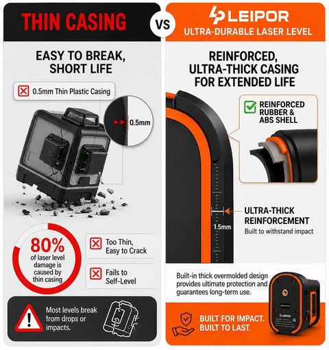 45 Inch Tripod Laser Level With Ultra Bright Green Cross Line And Thick Durable Casing For Indoor Outdoor Use, Easy Adjust Stand, Twice As Bright As Red Beams, Safe Certified Design For Precise Hanging And Framing. Comparison of thin casing vs reinforced rubber ABS shell